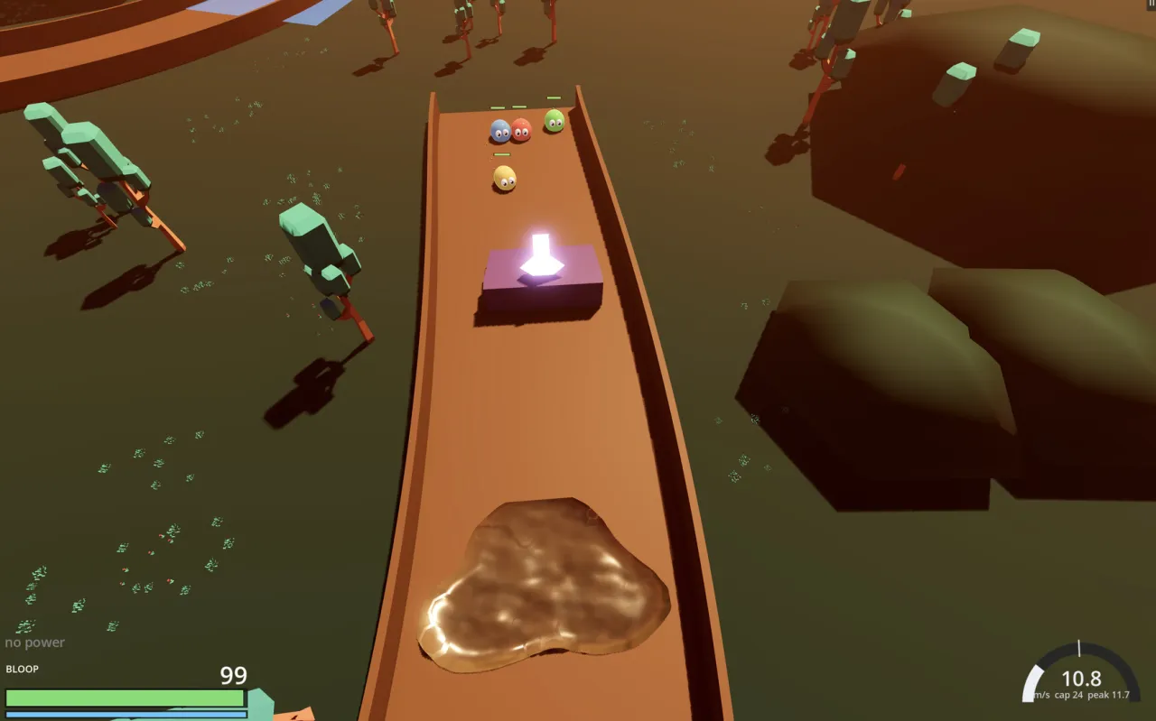 A slime racing down a narrow forest road toward a glowing power-up