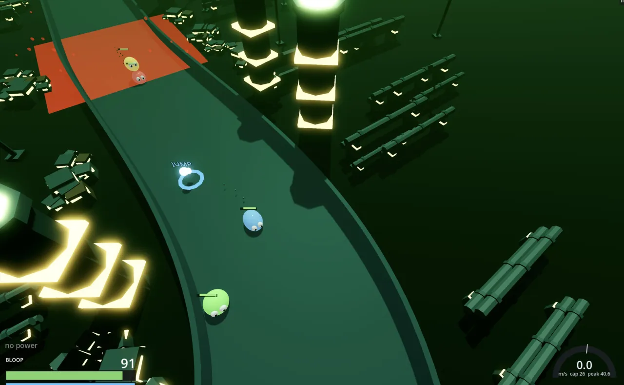 A dark green track lit by glowing pylons